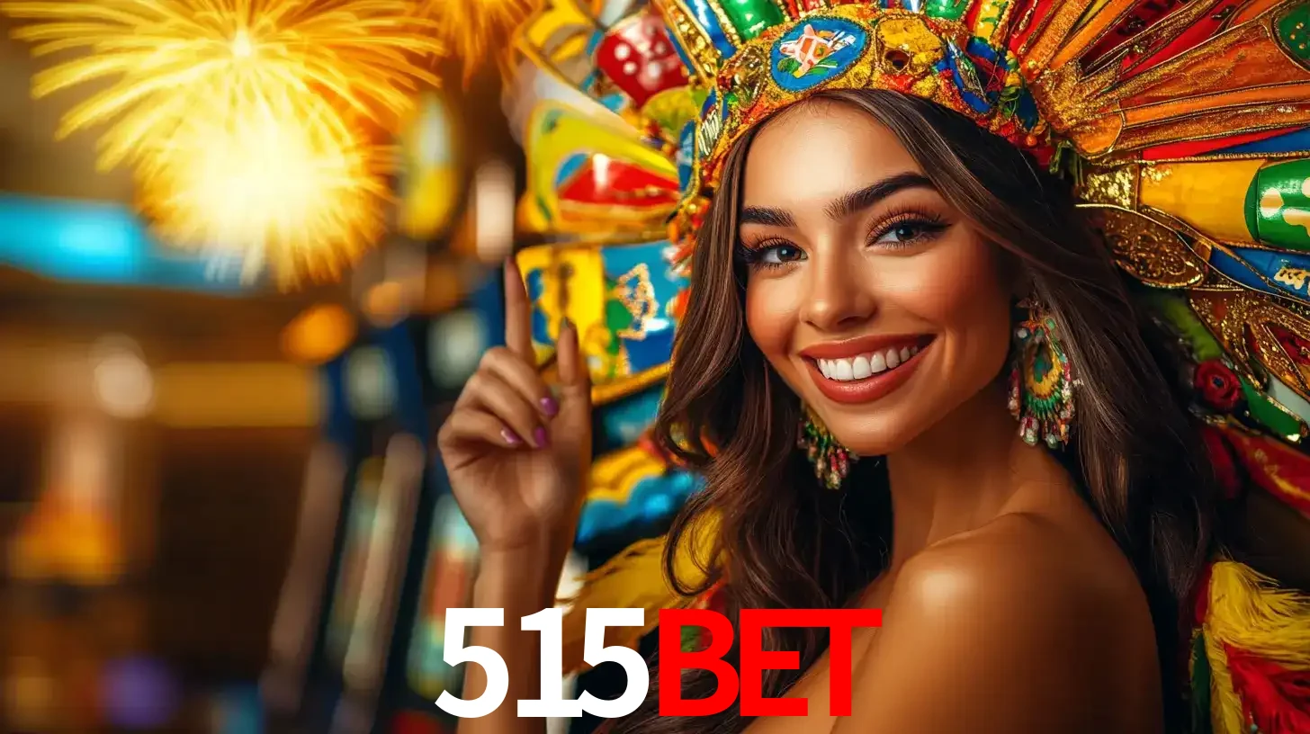Mulher sorridente com um cocar de carnaval vibrante e colorido, celebrando uma grande vitória nos jogos do cassino 515bet com fogos de artifício ao fundo.