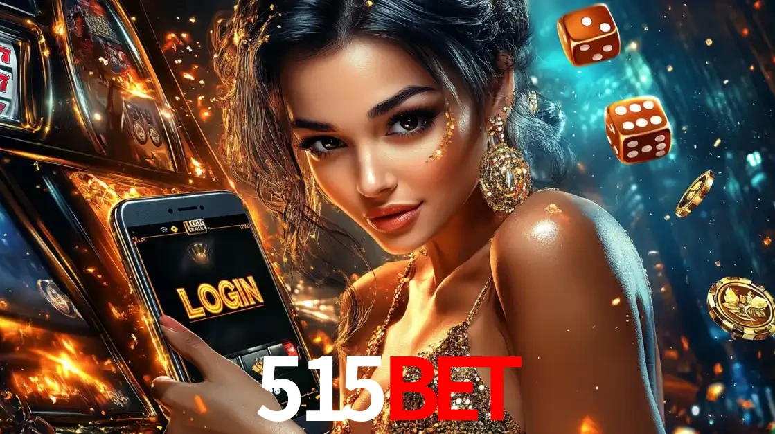 Mulher glamourosa segurando um celular com a tela de login do cassino 515bet, rodeada por dados e moedas douradas, pronta para começar a diversão.