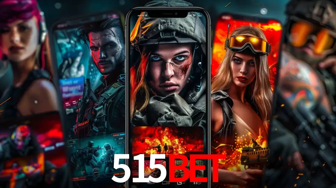 Montagem de telas de celular mostrando diversos personagens, masculinos e femininos, de um jogo de tiro, ilustrando a diversidade de equipes de e-sports para apostar no 515bet.