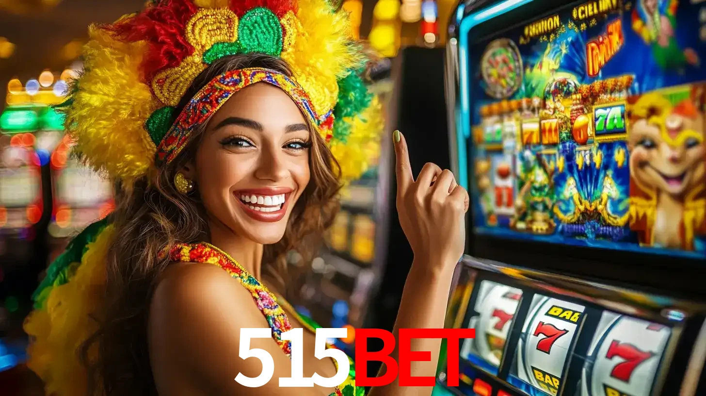 Mulher animada com um cocar de carnaval apontando para uma máquina de caça-níqueis, mostrando a emoção de ganhar um grande prêmio nos jogos do 515bet.
