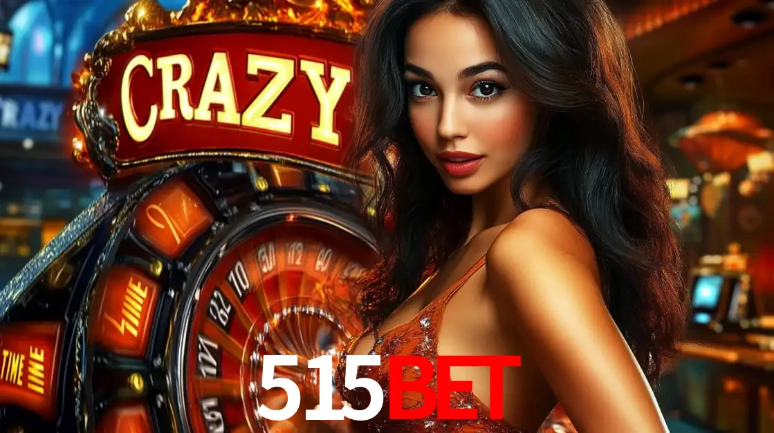 Mulher glamourosa olhando para a câmera com a roda vermelha do Crazy Time ao fundo em um ambiente de cassino, destacando a emoção dos jogos ao vivo no 515bet.