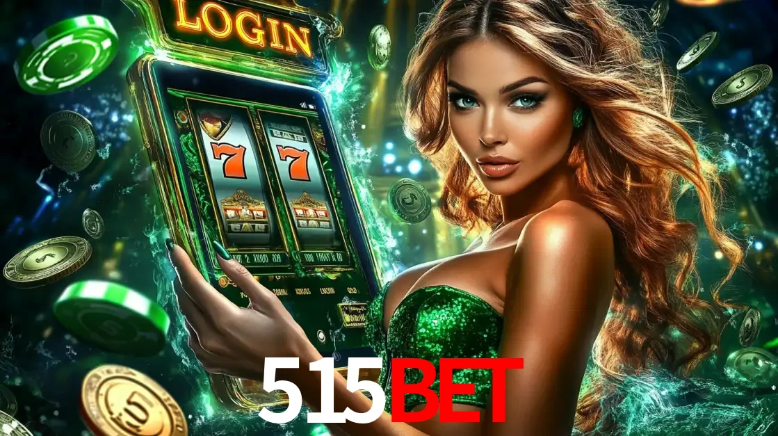 Mulher com tema verde apresentando o aplicativo do cassino 515bet com um jogo de slot de 777, cercada por fichas de cassino e uma aura de sorte.
