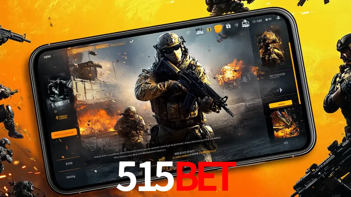 Um smartphone exibindo a interface de um jogo de tiro em primeira pessoa, com um soldado em um cenário de batalha, representando a ação dos e-sports para apostar no 515bet.