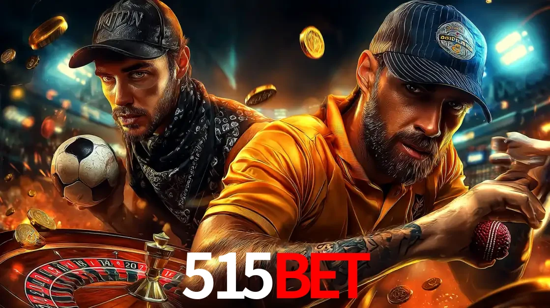 Montagem de apostas esportivas e cassino no 515bet, com um homem segurando uma bola de futebol e outro uma de beisebol sobre uma roleta e moedas voadoras.