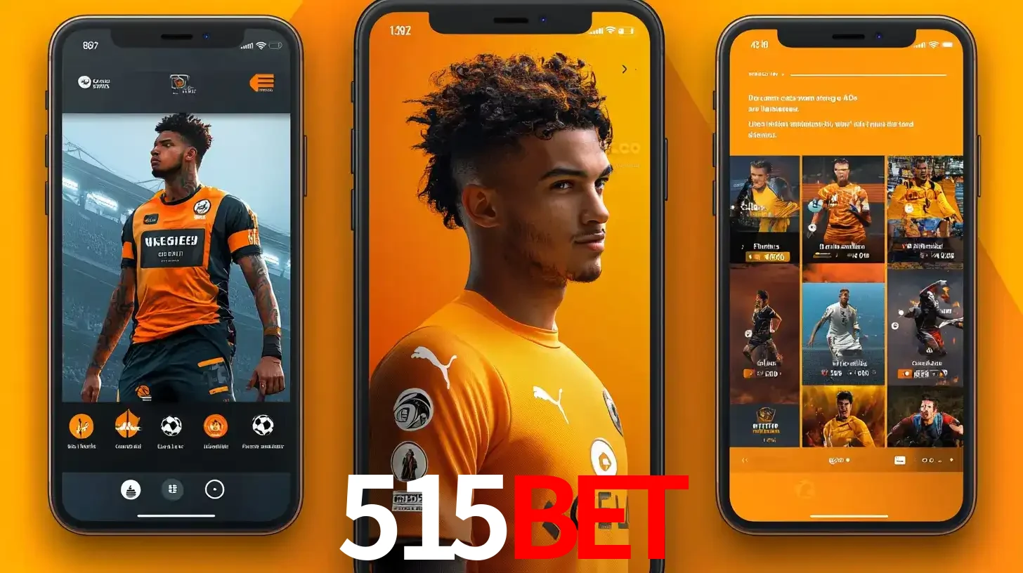 Interface do aplicativo de apostas esportivas 515bet em três telas de celular, mostrando o perfil de um jogador de futebol e a lista de jogos disponíveis para apostar.