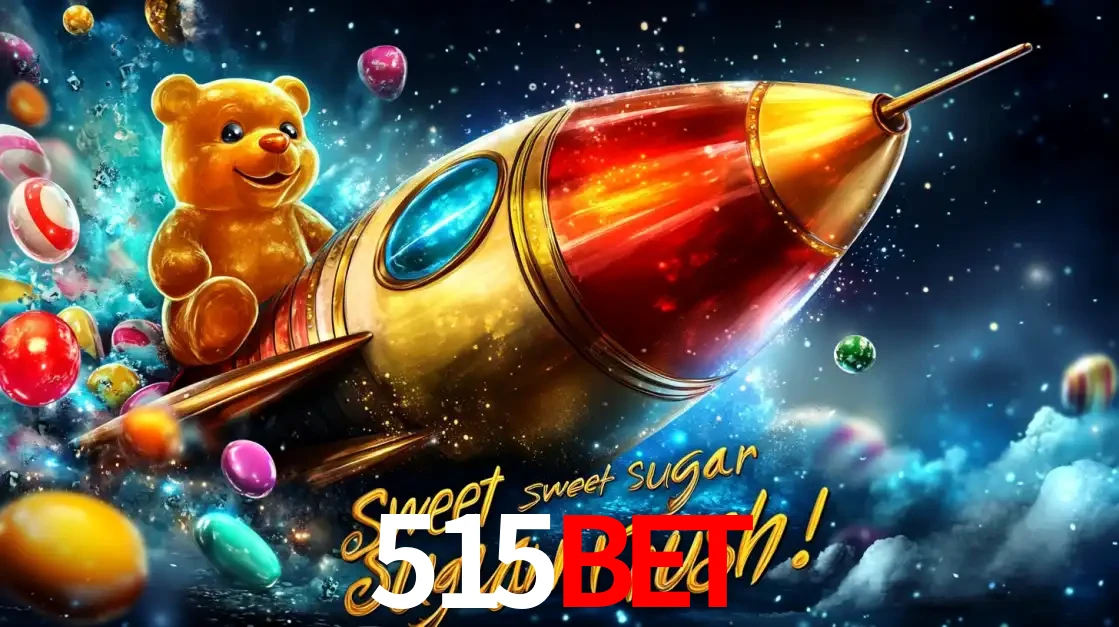 Arte promocional do jogo de slot Sugar Rush, com um urso de pelúcia em um foguete viajando pelo espaço de doces, um dos jogos divertidos disponíveis no cassino 515bet.
