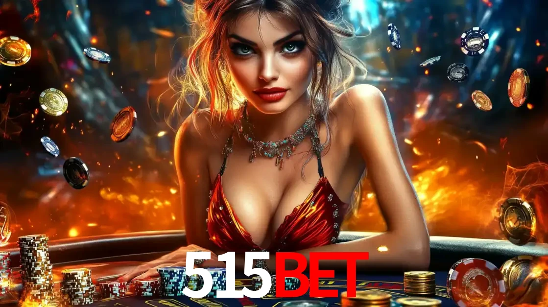 Mulher em uma mesa de cassino com pilhas de fichas e um fundo de fogo, pronta para uma rodada de altas apostas nos jogos de mesa emocionantes do cassino 515bet.