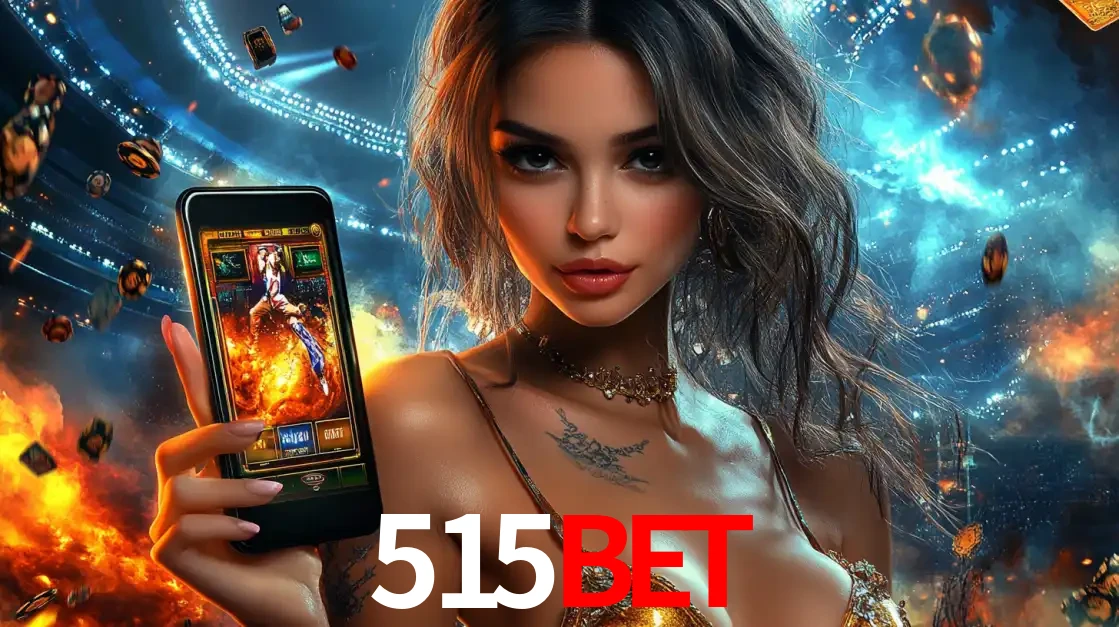 Mulher segurando um celular com um jogo de slot em destaque, tendo como fundo um estádio vibrante, simbolizando a emoção de jogar no cassino móvel 515bet.